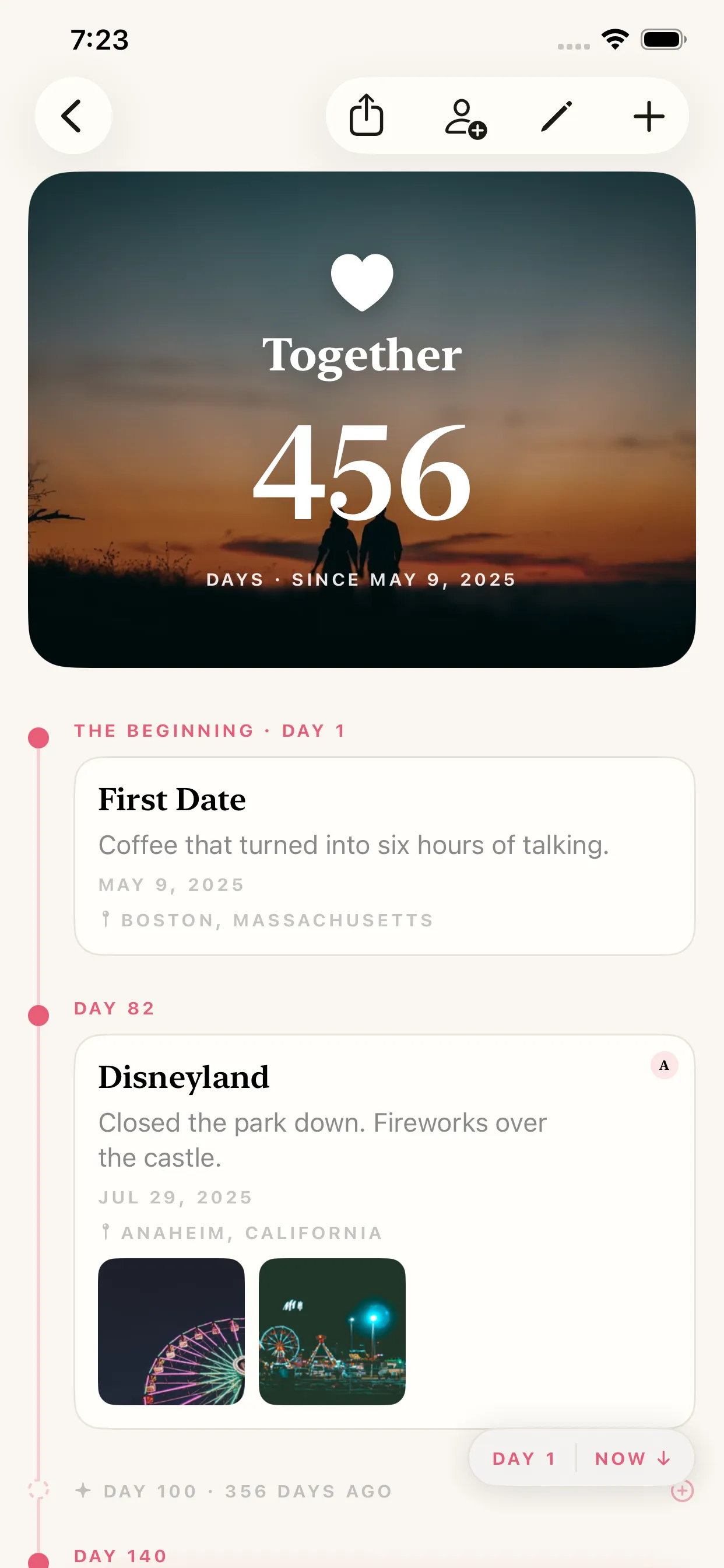 The Together path in Pebbles: a cover photo of two people at sunset over 456 days since May 9 2025, then a timeline spine with The Beginning at Day 1, a First Date pebble, and a Disneyland pebble on Day 82 carrying two photos and a place.