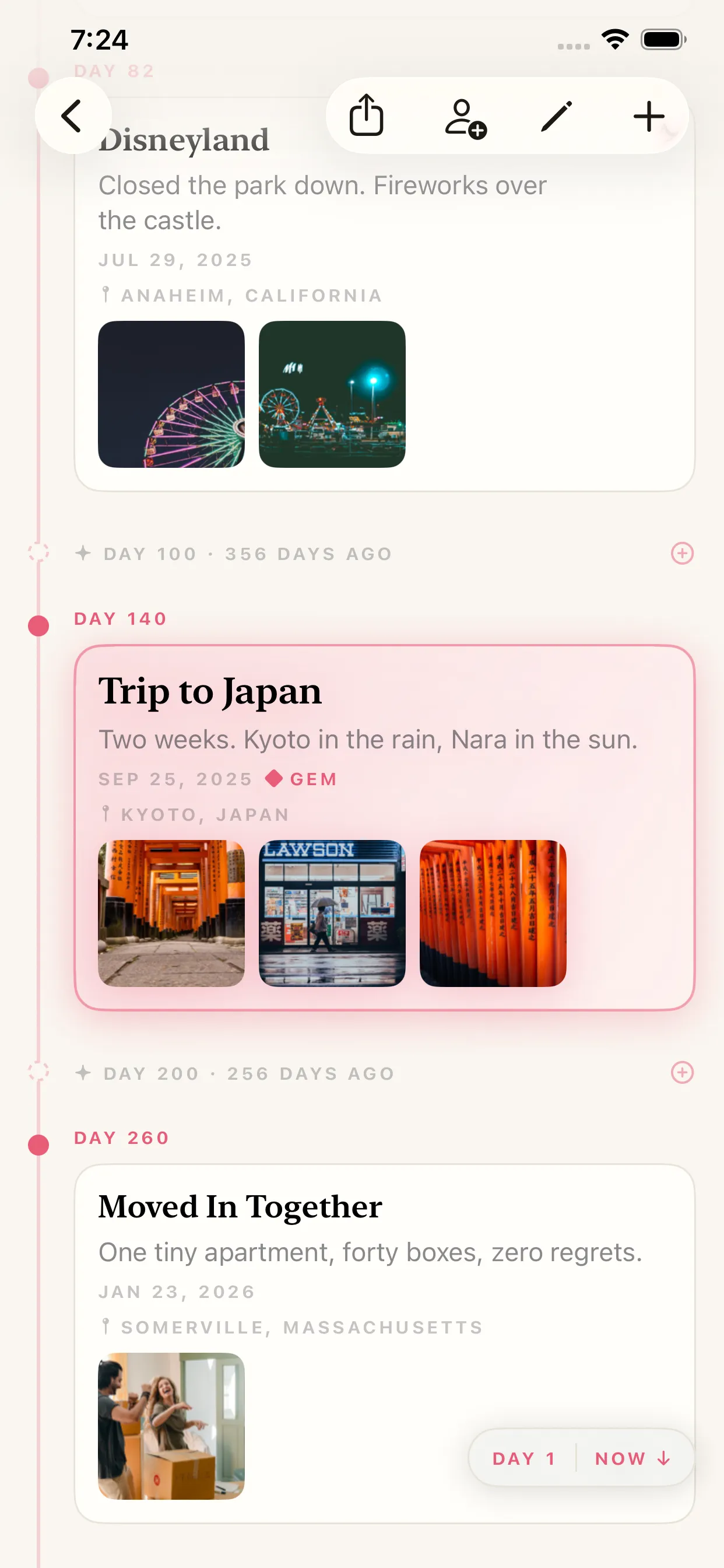 A gem-tier pebble on the timeline: Trip to Japan on Day 140, a rose-washed keepsake card carrying the gem stamp, three photos from Kyoto, the date, the place, and the words written with it.