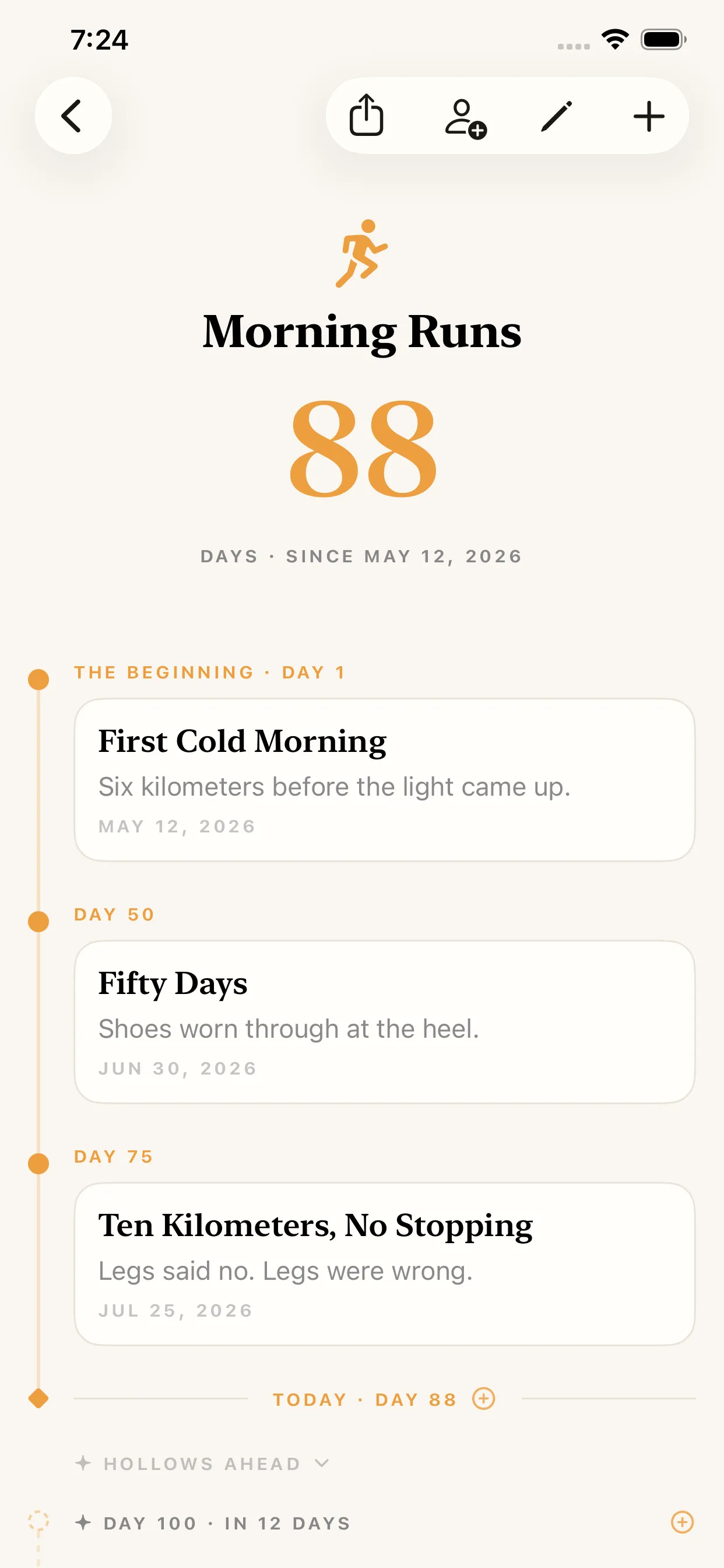 The Morning Runs path at 88 days, its timeline of three pebbles ending at today's anchor, with the Hollows ahead connector open below it and a ghost row for Day 100, twelve days away, waiting for a pebble.