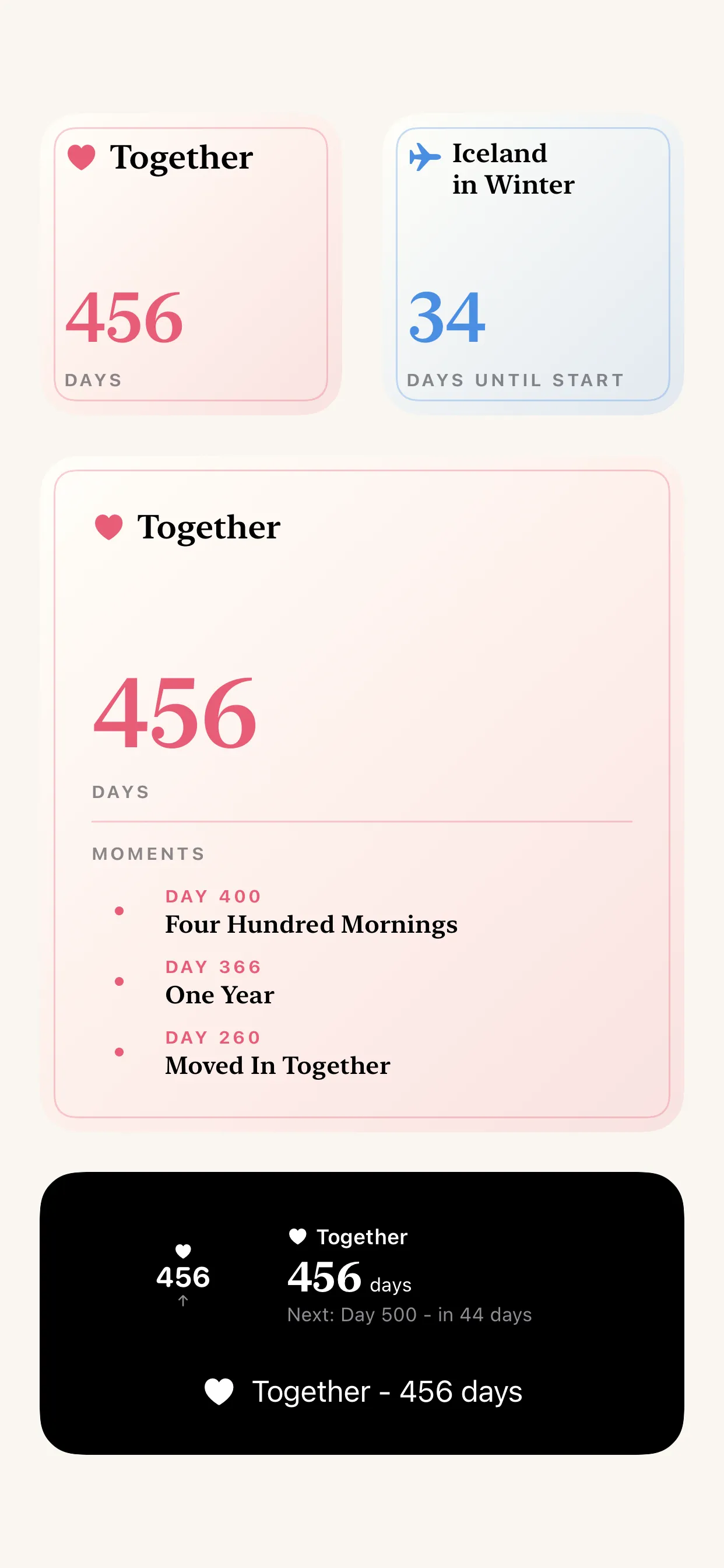 Pebbles widgets: small home-screen widgets for Together at 456 days and Iceland in Winter 34 days out, a large widget listing recent pebbles, and the lock-screen circular, rectangular, and inline accessories on black.